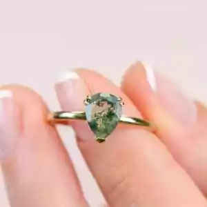 Ágata Musgosa Anillo Verde Natural Corte Pera 14K Oro Compromiso Anillos - Imagen 1 de 8