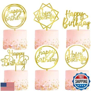 6-Pack Gold Cake Topper Set, Double-Sided Glitter, Acrylic Happy Birthday Cup - Picture 1 of 5