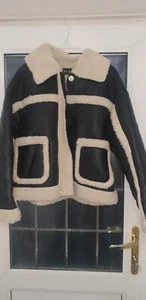 Fleece Trim Faux Leather Black &White Womens Jacket. UK 10. New Without Tag - Picture 1 of 8
