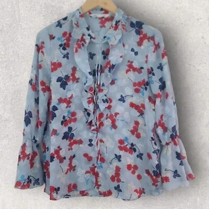 ZARA Womens Sky Blue Red Floral Long Sleeve Ruffle Summer Top, Blouse UK 10 - Picture 1 of 4