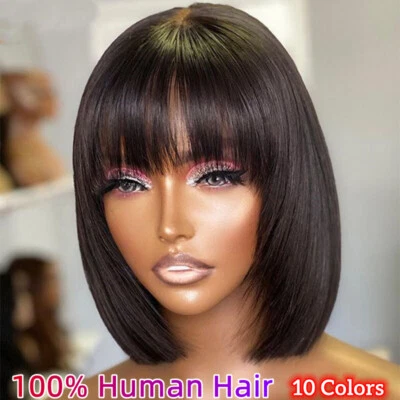 Peluca corta Bob cabello humano recto con flequillo corte pixie peluca sin pegamento peluca colorida Foto 1 de 4