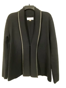 Women's Calvin Klein Cardigan With Shawl Collar Faux Leather Trim Black Sz L EUC - Picture 1 of 5