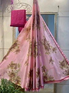 Pink Georgette Floral Saree Blouse With Embroidery Work - Picture 1 of 5