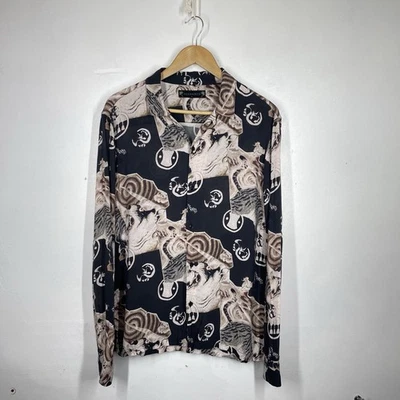 All Saints Shirt Mens M Black Oriental Tiger Abstract Hawaiian Holiday Akita LS - Image 1 of 4