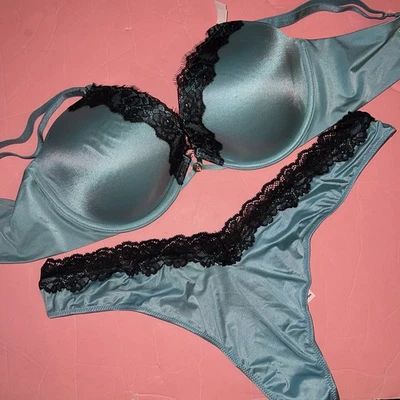 Victoria's Secret 34DDD,36D BRA SET S,XL thong Blue DUSTY TURQUOISE black Lace - Image 1 of 4