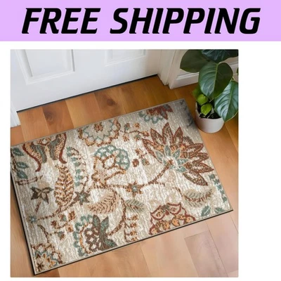 Transitional 2' x 3' Beige Area Rug - Easy-Clean Floral Pattern for Every Room - Image 1 of 4