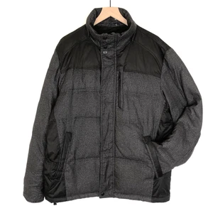 TUMI T-Tech Down Puffer Jacket Mens Sz L Black Gray Herringbone Zip Parka Coat - Picture 1 of 16