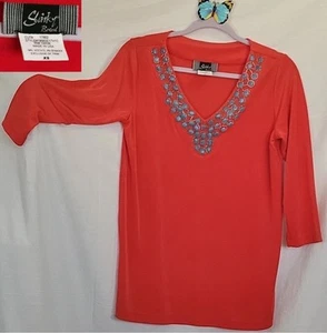 Slinky Brand Top Womens XS Orange With Colorful Beaded Design Tunic Boho Acetate - Picture 1 of 5