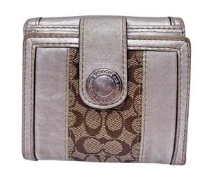 Coach Heritage Wallet Bi Fold Silver Metallic Signature Canvas Mini Womens Y2K - Picture 1 of 16