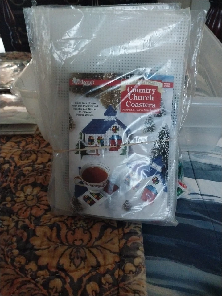 Needlecraft Shop Christmas Trimmings COUNTRY CHURCH  COASTERS Plastic Canvas NEW - Image 1 of 1