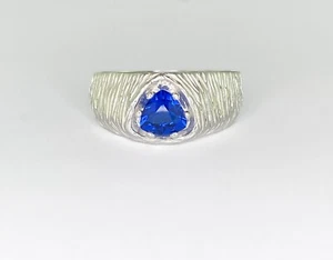 6 mm Trillion Created Blue Spinel Mens Sterling Silver Textured Ring Size 9 - Picture 1 of 3