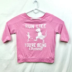 Fifth Sun Run Like You're Being Chased T-Rex 3/4 Sleeve Tee Women M Pink - Picture 1 of 5