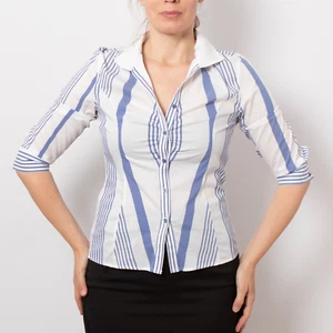 NARA CAMICIE Fitted Stretch Cotton Striped 3/4 Sleeve White Blue Blouse S - Picture 1 of 8