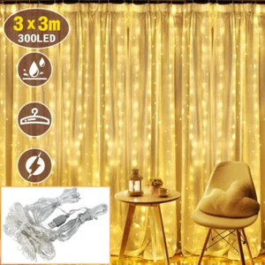 300 LED Fairy String Lights In/Outdoor Curtain Window Wedding Decor Warm White - Picture 1 of 12