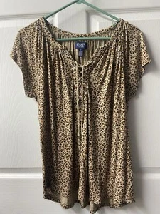 Ralph Lauren Chaps Top Women Medium Brown Leopard Animal Print Lace Up Mob Wife - Picture 1 of 5