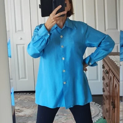 Blusa túnica suelta 100 % de seda de colección talla 10 Bloomingdale's azul verde azulado concha botón  Foto 1 de 4