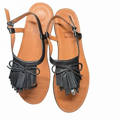 Босоножки женские FitFlop Tia с бахромой черные кожаные стринги с ремешком на спине размер США 10 ЕС 42 - Изображение 1 из 4