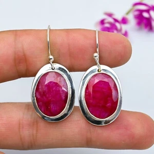 Red Ruby Lab-Created Gemstone Handmade 925 Sterling Silver Jewelry DangleEarring - Picture 1 of 5