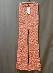 NWT ZARA Women Zip Side Slit Jacquard Knit Mid-Rise Flared Pants Size S Orange - Picture 1 of 11