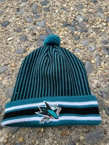 San Jose Sharks Pom Beanie Adult One Size Green Black Striped NHL Hockey - Picture 1 of 4