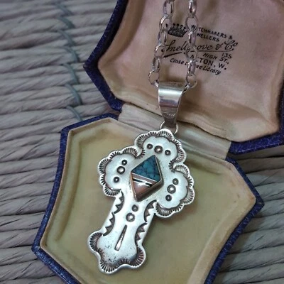 Vintage 925 Sterling Silver Necklace, Large Native American Cross, Turquoise  - Image 1 of 4
