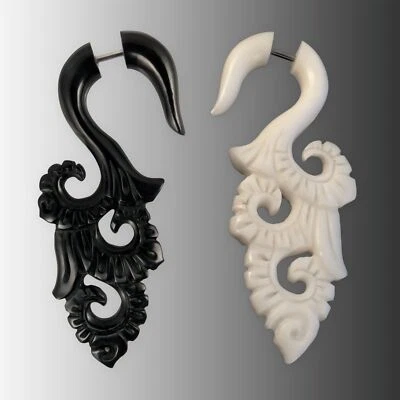 Ohrringe Ohrhänger Fake Expander Ohrdehner Horn Knochen Blumen Tribal Handarbeit - Bild 1 von 2