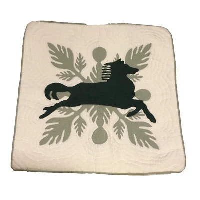 Green Horse Hawaiian Quilt Applique Accent Pillow Cover 17” Square - Image 1 of 3