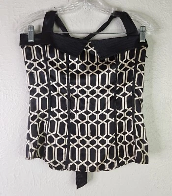 Vintage Bebe Womens Medium Silk Top Black And White Top Neck Tie Zip Up Pattern  - Image 1 of 4