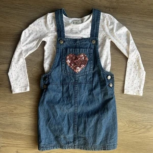 Max Studio Kids Girl Top Bib Overall Denim Jumper Dress Set Size 4 Pink Hearts - Picture 1 of 13