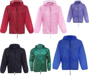 Kids Plain Kagool Raincoat Hooded Waterproof Jacket Packaway Mac Lightweight - Picture 1 of 12