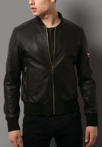 Men Black Bomber Leather Jacket Pure Lambskin Coat  - Picture 1 of 6