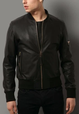 Men Black Bomber Leather Jacket Pure Lambskin Coat  - Image 1 of 4
