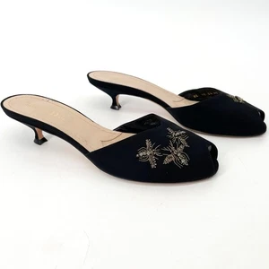 Dior Black Fabric Crystal Bee Embroidered Peep Toe Kitten Heel Mule Slide EU 40 - Picture 1 of 10
