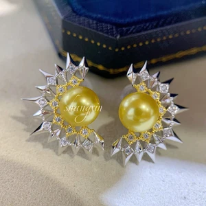 charming pair 8-9mm south sea gold pearl stud earring 925s(t) - Picture 1 of 3
