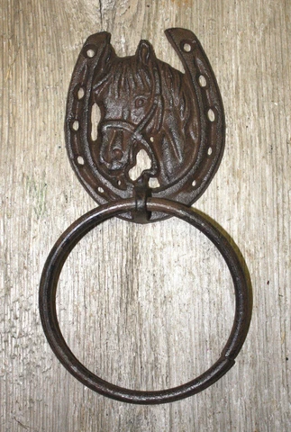 Cast Iron Antique Style Rustic HORSE Door Knocker WESTERN COWBOY TOWEL RING Cover