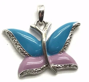 Sterling Silver 925 Purple Blue Enamel - Diamond Accent Butterfly Insect Pendant - Picture 1 of 3