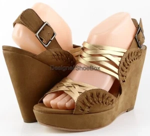 $250 CYNTHIA VINCENT JADEN Gold Brown Leather Designer Platform Wedge Sandals 10 - Picture 1 of 4