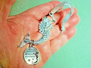 3" Mermaid Christmas Decoration "Love You to Moon & Back" on Silver Ribbon Loop  - Picture 1 of 7