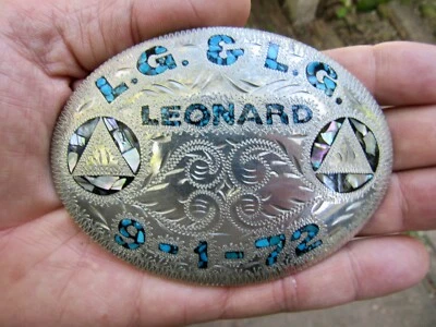 De colección LG LEONARD Hebilla de Cinturón 1972 Turquesa Incrustación Occidental Plateado RARO EN MUY BUENA CONDICIÓN+ Foto 1 de 4