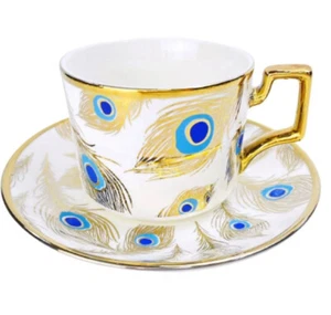 Porcelain Bone China Coffee or Teacup Set of 6 Cups + Saucers (Peacock Feathers) - Picture 1 of 2