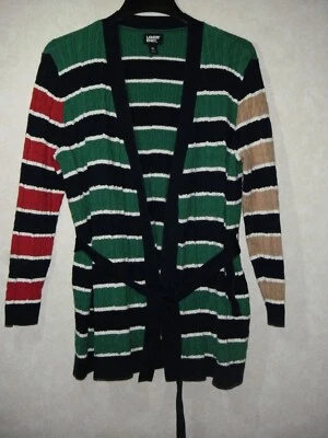 Lands'End Cardigan Sweater Women XL Green Blue Striped Cable Knit Open Belted - Image 1 of 4