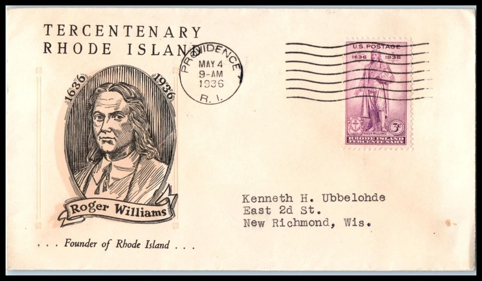 1936 Rhode Island statehood 300 yrs Sc 777-6 FDC with Linprint cachet (H06 - Image 1 of 1