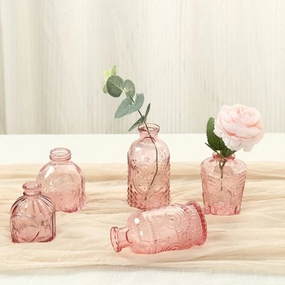 6 Decorative Glass Flower Vases Embossed Vintage Design Party Decorations - Image 1 of 2