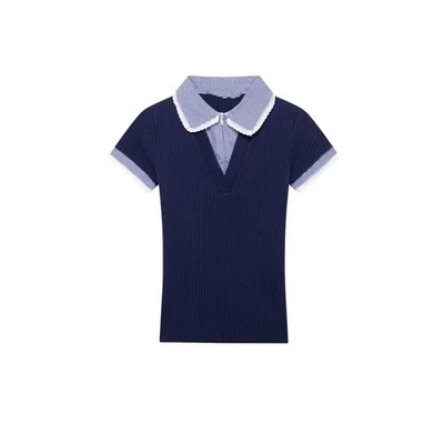 Zara Ribbed Peter Pan Collar graham Top Medium Blue Preppy Equestrian Academia - Image 1 of 4