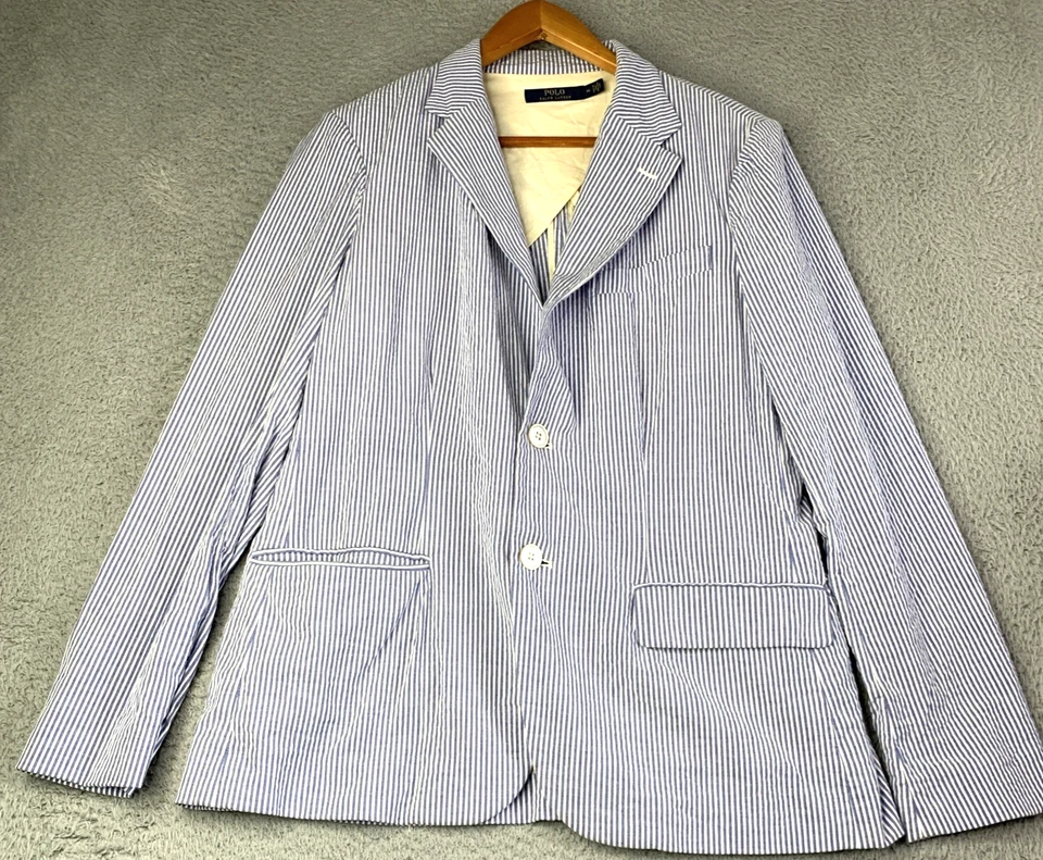 Blazer Polo Ralph Lauren Mujer Talla 14 Azul Rayas Seersucker Algodón Botones Foto 1 de 4