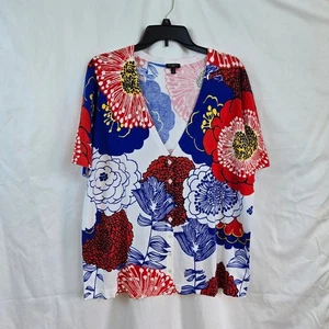 Talbots Woman White Blue Red Floral Short Sleeve Vneck Button Career Top 1X NWOT - Picture 1 of 8