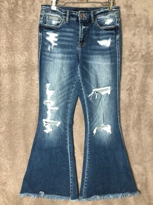 Flying Monkey Mid Rise Super Flare Jeans Womens 27 Dk Blue Distressed Frayed Hem - Image 1 of 4