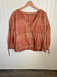 Madewell Camicia Donna XL Plaid Morningview Manica a Sbuffo Pesca con Bottoni, Cotone - Foto 1 di 6