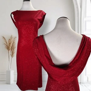Vintage 90s Red Cocktail Dress Size M Glitter Knit Cowl Drape Bodycon - Picture 1 of 12