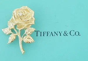 Vintage Tiffany & Co Diamond Rose Flower Brooch Pin 14k Yellow Gold 1.4” 1970s - Picture 1 of 10